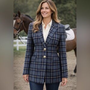 Escada Vintage 1980’s Blue Plaid Blazer Double E Logo Buttons, Size 36